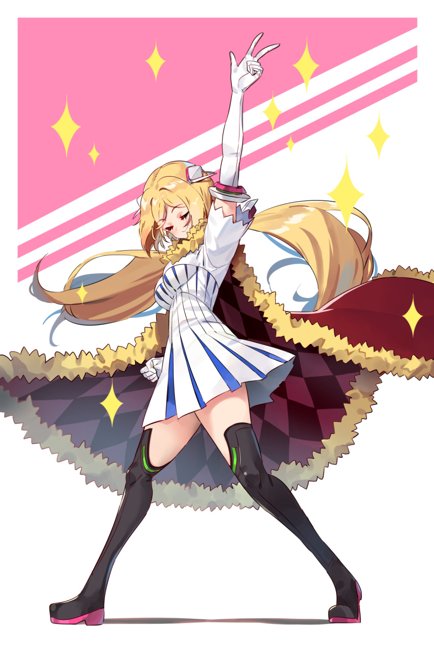 1girl aki_rosenthal arm_up black_footwear blonde_hair boots cape cloak closed_eyes disembodied_hair dress elbow_gloves electriccross fist_pump fur-trimmed_cape fur_trim gloves hair_ornament highres hololive long_hair pleated_dress pokemon pokemon_(game) pokemon_swsh pose simple_background solo sparkle striped thigh_boots thighhighs thighs twintails v vertical-striped_dress vertical_stripes very_long_hair virtual_youtuber white_background white_gloves