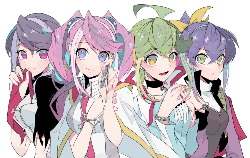 4girls bracelet bracelet_girls choker collar_up cosplay costume_switch eyebrows_visible_through_hair gradient_eyes green_hair grey_hair hair_between_eyes highres hiiragi_yuzu holding holding_jewelry holding_necklace jacket jacket_on_shoulders jewelry kurosaki_ruri looking_at_viewer multicolored multicolored_eyes multiple_girls necklace open_mouth pendant pink_hair purple_hair rin_(yu-gi-oh!) sakaki_yuuya sakaki_yuuya_(cosplay) serena_(yu-gi-oh!) tasutekete torn_clothes white_background yu-gi-oh! yu-gi-oh!_arc-v yuugo_(yu-gi-oh!) yuugo_(yu-gi-oh!)_(cosplay) yuuri_(yu-gi-oh!) yuuri_(yu-gi-oh!)_(cosplay) yuuto_(yu-gi-oh!) yuuto_(yu-gi-oh!)_(cosplay)