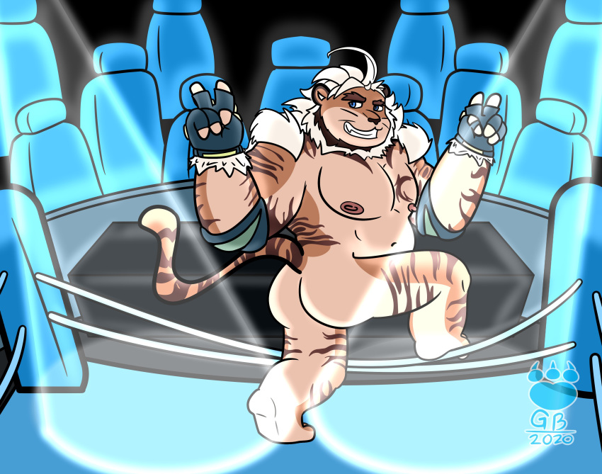 2020 absurd_res anthro belly bunnybara butt felid fighting_ring hi_res hombretigre humanoid_hands male mammal navel nipples pantherine slightly_chubby solo tiger tokyo_afterschool_summoners video_games