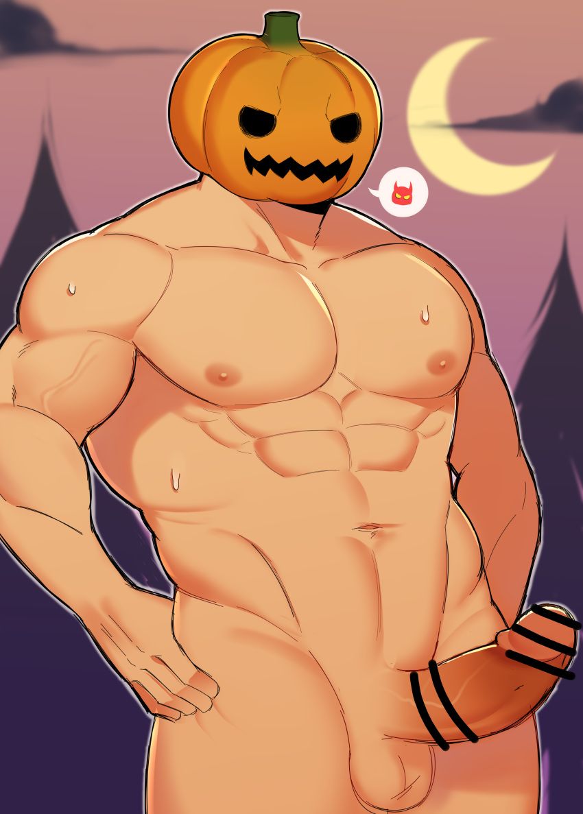 1boy abs absurdres bar_censor bara censored chest clayten completely_nude cowboy_shot crescent_moon erection halloween halloween_costume highres male_focus moon muscle navel nipples nude original penis pumpkin sweat testicles textless thick_thighs thighs veins