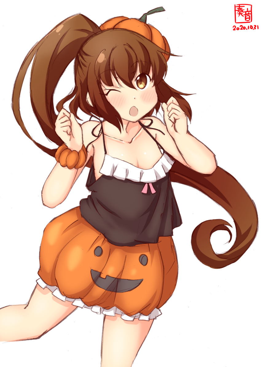 1girl artist_logo black_camisole brown_eyes brown_hair camisole chestnut_mouth collarbone commentary_request cosplay cowboy_shot dated fumizuki_(kantai_collection) highres jack-o'-lantern kanon_(kurogane_knights) kantai_collection libeccio_(kantai_collection) libeccio_(kantai_collection)_(cosplay) long_hair looking_at_viewer one_eye_closed orange_headwear ponytail pumpkin_skirt simple_background solo white_background