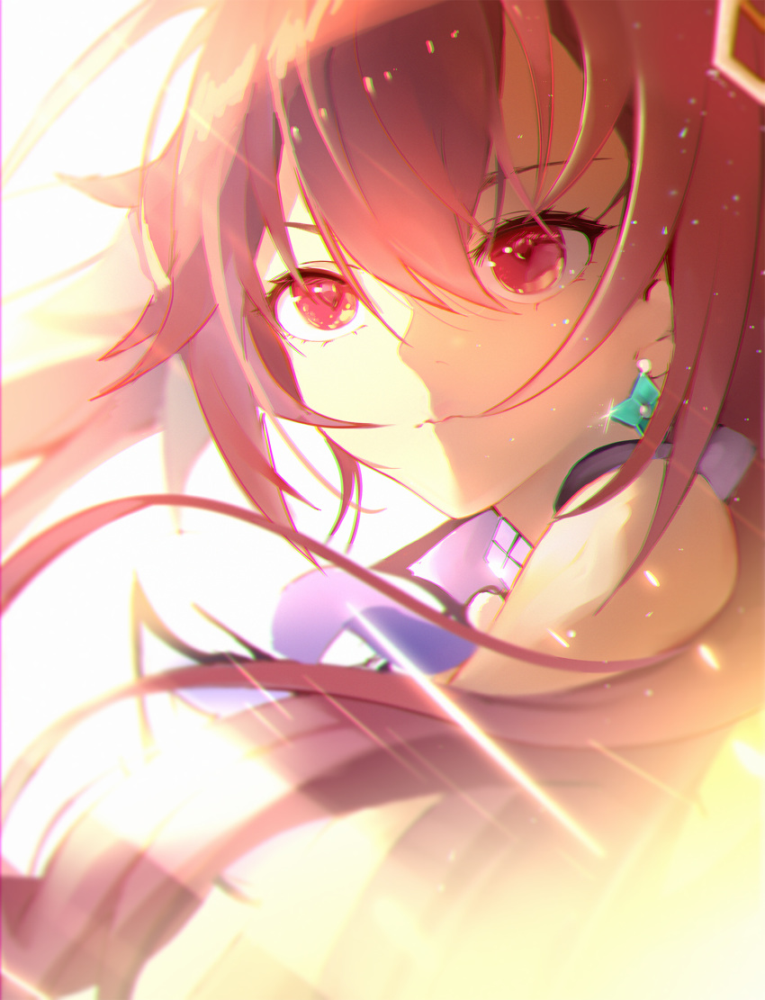 1girl chinese_commentary close-up earrings floating_hair genshin_impact hair_between_eyes highres jewelry jijing_zishui keqing long_hair looking_ahead red_eyes red_hair solo