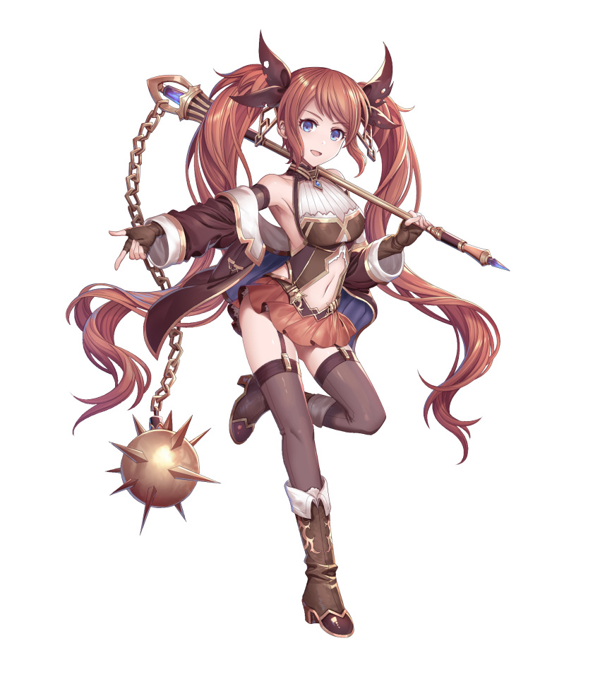 1girl :d armpits bare_shoulders blue_eyes boots bow breasts brown_bow brown_footwear brown_gloves brown_hair brown_jacket brown_legwear brown_skirt fingerless_gloves flail full_body gloves hair_bow high_heel_boots high_heels highres holding holding_weapon jacket long_hair looking_at_viewer medium_breasts microskirt morning_star navel off-shoulder_jacket open_mouth original purple_eyes shichigatsu simple_background skirt smile solo standing standing_on_one_leg suspenders thighhighs twintails very_long_hair weapon white_background