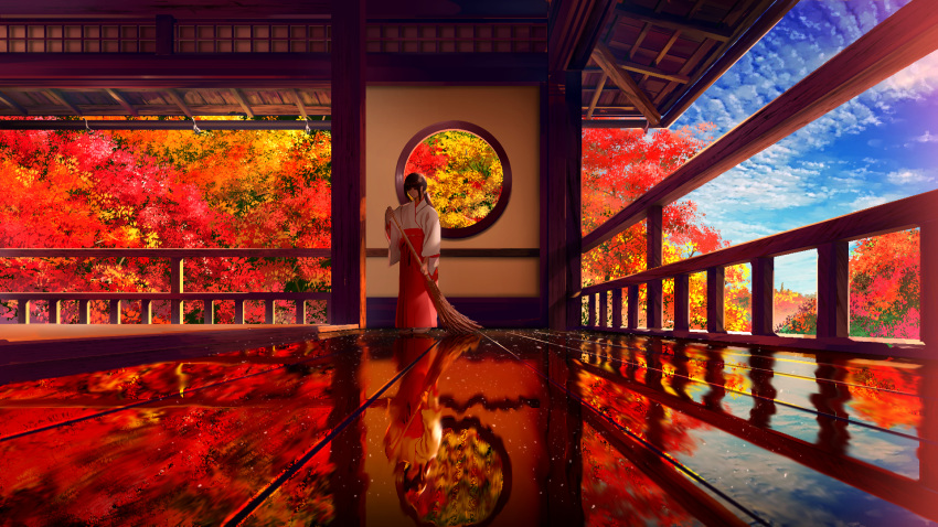 1girl autumn autumn_leaves bamboo_broom bangs black_hair blue_sky broom circle cloud commentary_request day geta hakama highres holding interior japanese_clothes kimono leaf maple_leaf miko original ponytail red_hakama reflection reflective_floor room scenery sidelocks sky smile_(qd4nsvik) solo traditional_clothes tree white_kimono wide_sleeves wooden_ceiling wooden_floor wooden_railing