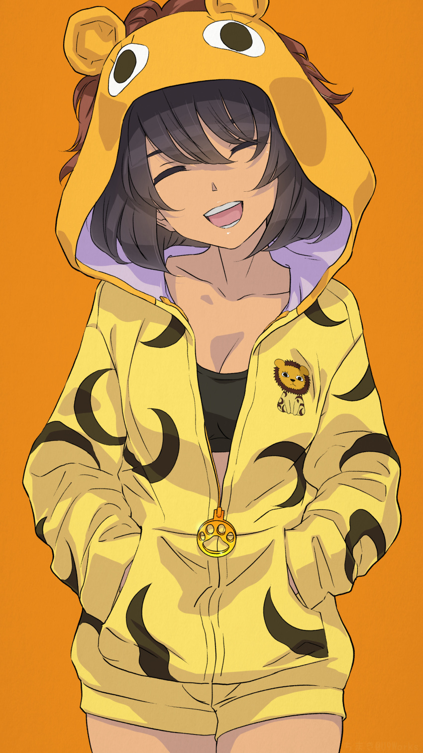 1girl :d ^_^ absurdres akagi_(fmttps) animal_hood black_hair breasts cleavage closed_eyes collarbone girls_und_panzer halloween hands_in_pockets highres hood hoshino_(girls_und_panzer) jacket lion_hood long_sleeves medium_breasts open_mouth orange_background short_hair simple_background smile solo teeth yellow_jacket zipper