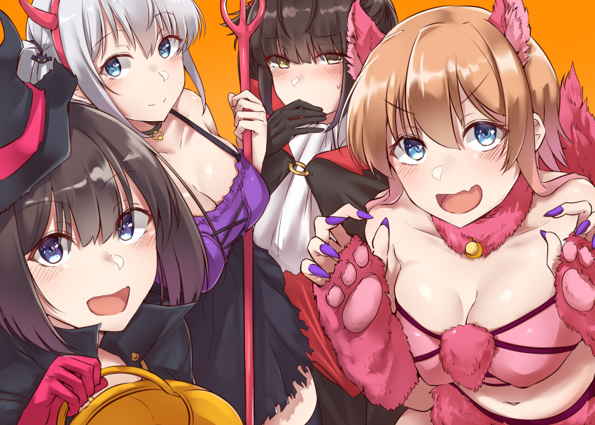 4girls :d akizuki_(kantai_collection) basket black_hair black_headwear blue_eyes blush breasts brown_eyes brown_hair cape cleavage closed_mouth collarbone demon_horns eyebrows_visible_through_hair fang fingernails hair_between_eyes halloween halloween_costume hat hatsuzuki_(kantai_collection) highres horns kantai_collection kiritto large_breasts long_hair multiple_girls nail_polish navel open_mouth orange_background purple_eyes purple_nails sharp_fingernails short_hair silver_hair simple_background skin_fang smile suzutsuki_(kantai_collection) teruzuki_(kantai_collection) v-shaped_eyebrows witch_hat