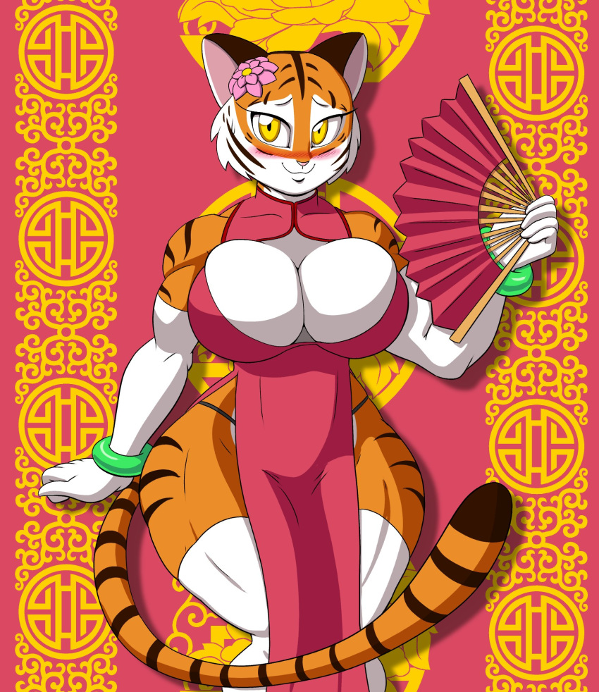 anthro big_breasts blush breasts felid female folding_fan hi_res huge_breasts mammal pantherine solo tansau tiger