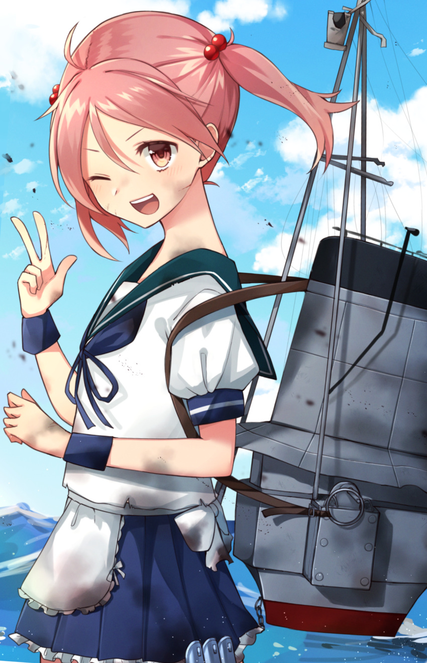 1girl apron blue_neckwear blue_sailor_collar blue_skirt commentary_request flat_chest frilled_apron frilled_skirt frills hair_bobbles hair_ornament highres kantai_collection katsuobushi_(eba_games) looking_at_viewer machinery neckerchief ocean one_eye_closed open_mouth pink_eyes pink_hair pleated_skirt puffy_short_sleeves puffy_sleeves rigging sailor_collar sazanami_(kantai_collection) school_uniform serafuku short_hair short_sleeves skirt smile solo twintails v waist_apron white_apron