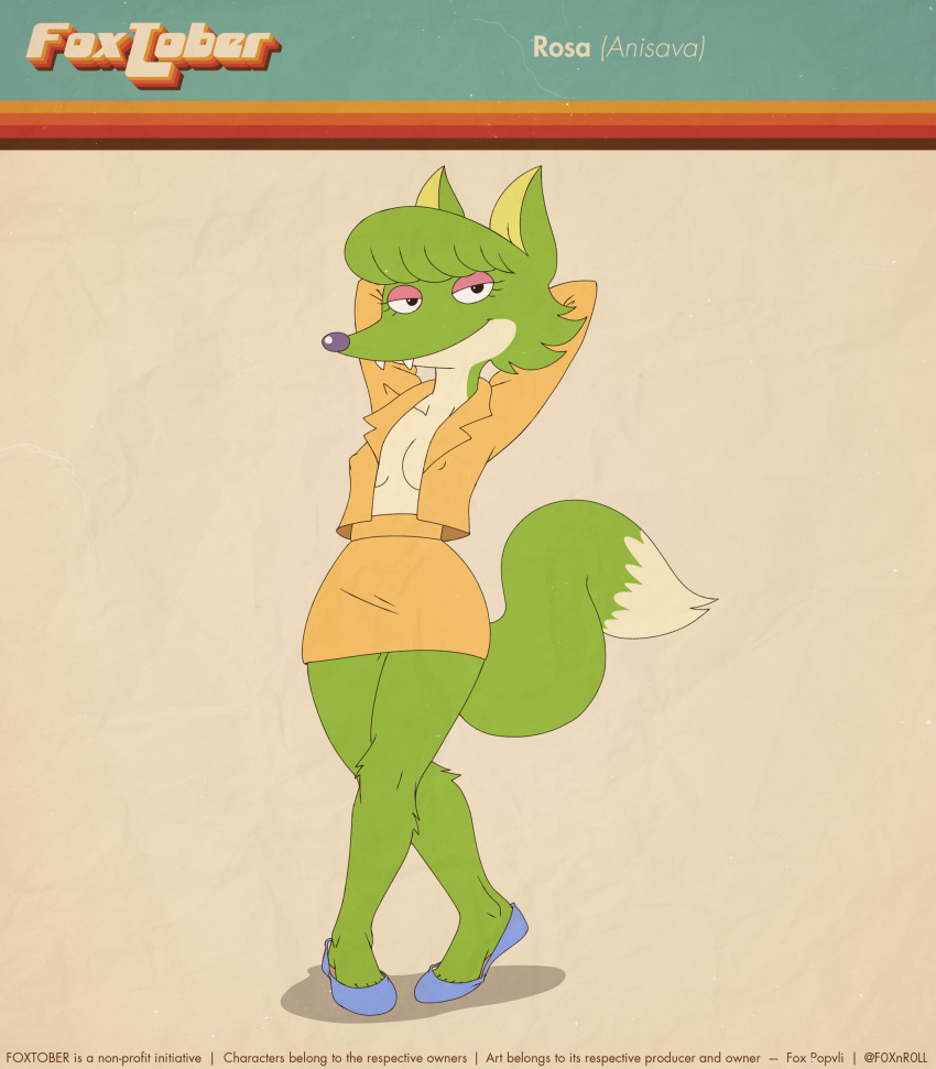 2020 absurd_res anisava anthro bedroom_eyes blue_nose bottomwear breasts canid canine cleavage clothed clothing countershade_face countershade_torso countershading crossed_legs dipstick_tail female fox fox-pop fur green_body green_fur hands_behind_head hi_res jacket lidded_eyes looking_at_viewer mammal multicolored_body multicolored_fur multicolored_tail narrowed_eyes presenting presenting_breasts rosa_(anisava) seductive skirt solo standing topwear two_tone_body two_tone_fur white_body white_fur