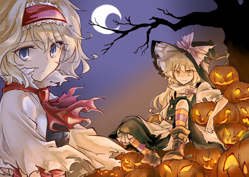 2girls alice_margatroid apron black_headwear black_skirt black_vest blonde_hair blue_eyes blue_shirt boots bow braid capelet commentary_request crescent_moon frilled_hairband frills hair_bow hairband hat hat_bow jack-o'-lantern kirisame_marisa kneehighs long_hair mitsunara moon multiple_girls orange_legwear purple_bow purple_legwear red_hairband red_neckwear shirt short_hair short_sleeves single_braid sitting skirt striped striped_legwear touhou tree vest waist_apron white_shirt witch_hat yellow_eyes