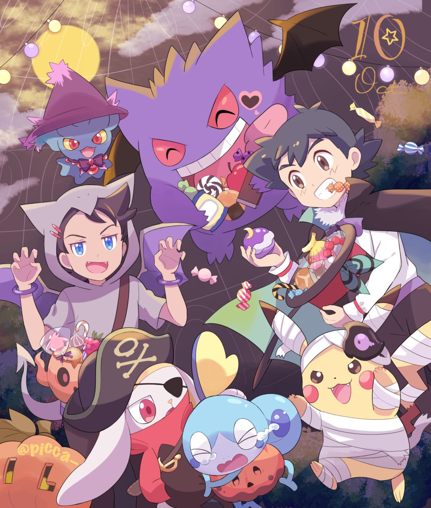 2boys ash_ketchum black_cape black_hair blue_eyes bracelet brown_eyes brown_hair candy cape claw_pose clenched_teeth commentary fangs food gen_1_pokemon gen_2_pokemon gen_8_pokemon gengar goh_(pokemon) halloween hand_up highres holding hood hood_up jack-o'-lantern jewelry male_focus mei_(maysroom) misdreavus mouth_hold multiple_boys open_mouth pikachu pokemon pokemon_(anime) pokemon_(creature) pokemon_swsh_(anime) raboot ribbon sobble teeth tongue