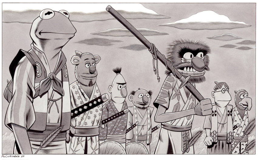 2020 amphibian animal_(muppets) anthro armor asian_clothing bald beard bert big_nose black_and_white border bruce_mccorkindale clothing cloud crossover east_asian_clothing ernie eye_bags eyebrows eyewear facial_hair fozzie_bear frog glasses gonzo_(muppets) greyscale group hi_res humanoid humor japanese_clothing katana kermit_the_frog kimono male mammal melee_weapon monochrome monster muppet muppets mustache parody practice_sword samurai samurai_armor scooter_(muppets) sesame_street seven_samurai signature sword teeth the_muppet_show unibrow ursid warrior weapon wheat white_border wooden_sword