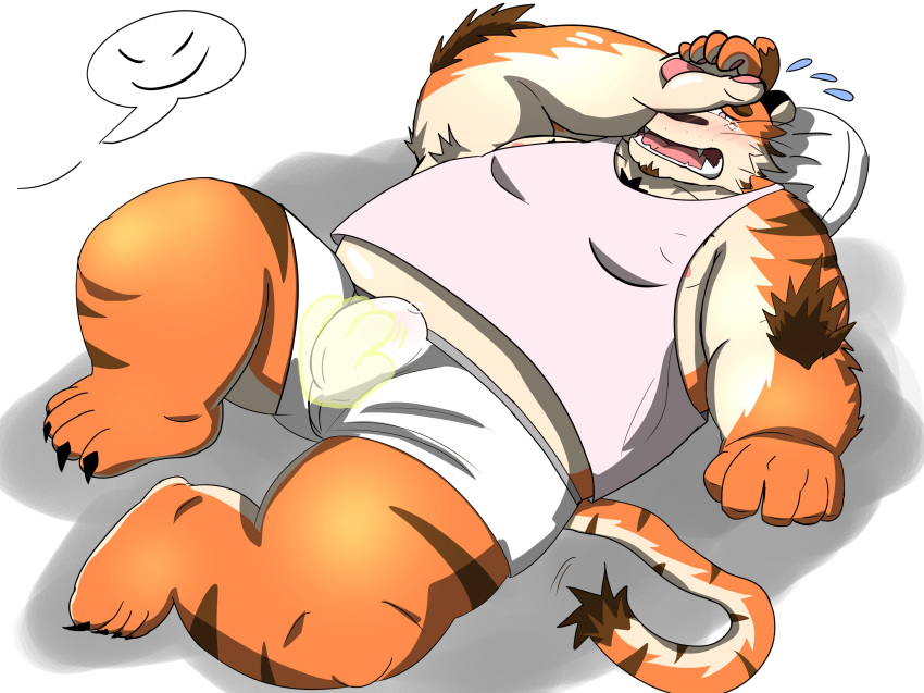 2020 absurd_res anthro blush bulge clothing felid hi_res kemono lying male mammal overweight overweight_anthro overweight_male pantherine pillow shirt simple_background solo tiger topwear underwear white_background xianwolf_m