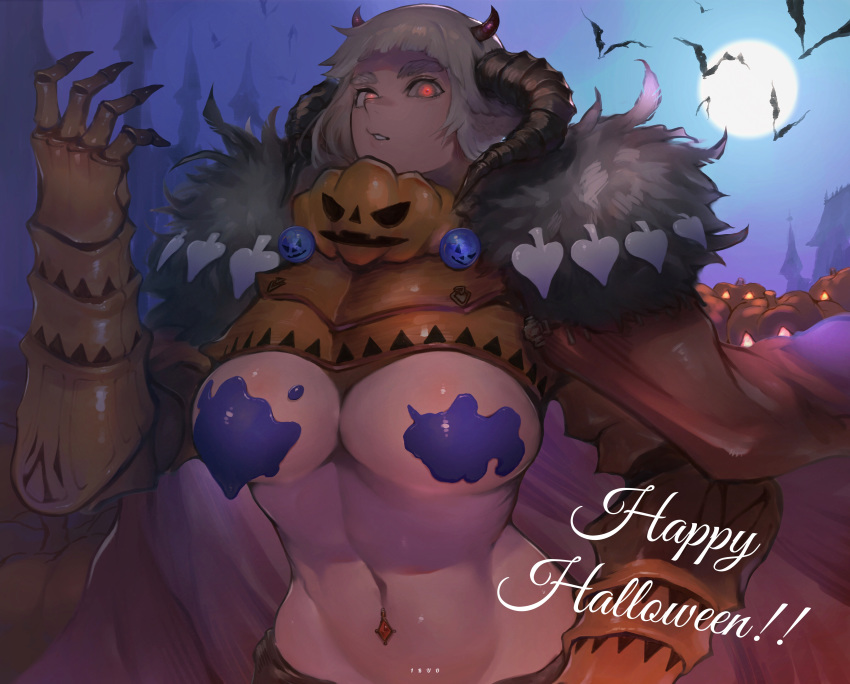 1girl absurdres armor artist_name bangs bat blunt_bangs cape commentary_request convenient_censoring curled_horns full_moon fur-trimmed_cape fur_trim gauntlets glowing glowing_eyes groin halloween hand_up happy_halloween highres horns ibuo_(ibukht1015) jack-o'-lantern looking_at_viewer midriff moon navel navel_piercing night orange_armor orange_cape original parted_lips piercing pumpkin sidelocks silver_hair solo standing tagme upper_body