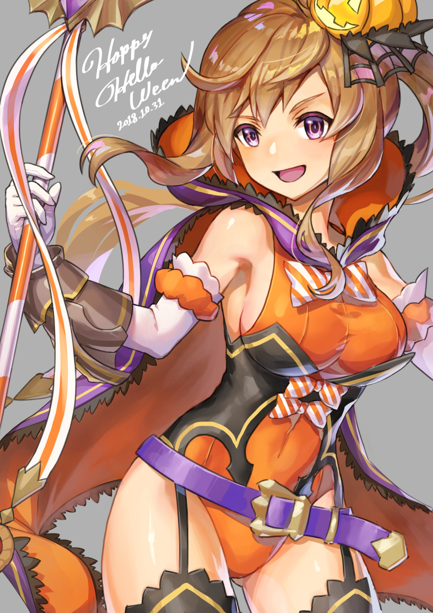 1girl bangs black_legwear bow bowtie bracelet breasts brown_hair cape covered_navel cowboy_shot dated diagonal-striped_neckwear diagonal_stripes dragalia_lost elbow_gloves elisanne english_text frilled_cape garter_straps gloves grey_background hair_ornament halloween happy_halloween highres holding holding_staff jack-o'-lantern jack-o'-lantern_hair_ornament jewelry large_breasts leotard long_hair looking_at_viewer nemoto_yuuma open_mouth orange_bow orange_cape orange_leotard orange_neckwear purple_belt purple_cape purple_eyes side_ponytail simple_background sleeveless smile solo staff standing striped striped_neckwear thighhighs two-sided_cape two-sided_fabric underbust white_gloves
