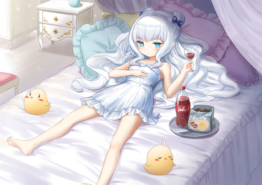 +_+ 1girl azur_lane bangs bare_arms bare_legs bare_shoulders barefoot bed bed_sheet blue_bow blue_eyes bow canopy_bed cola collarbone commentary_request cup double_bun dress drinking_glass flat_chest hair_bow hyokko_(hiyotuko) indoors jitome le_malin_(azur_lane) le_malin_(the_knight's_true_nature)_(azur_lane) long_hair lying manjuu_(azur_lane) on_back on_bed oreo pillow sidelocks silver_hair sleeveless sleeveless_dress solo sundress tray wavy_hair white_dress wine_glass