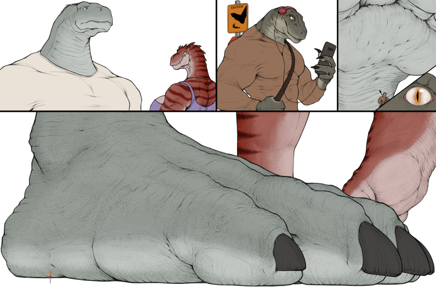 absurd_res anthro clothing comic crush dinosaur feet female foot_focus group hi_res macro male mtfoxx plantigrade reptile scalie soles stepped_on