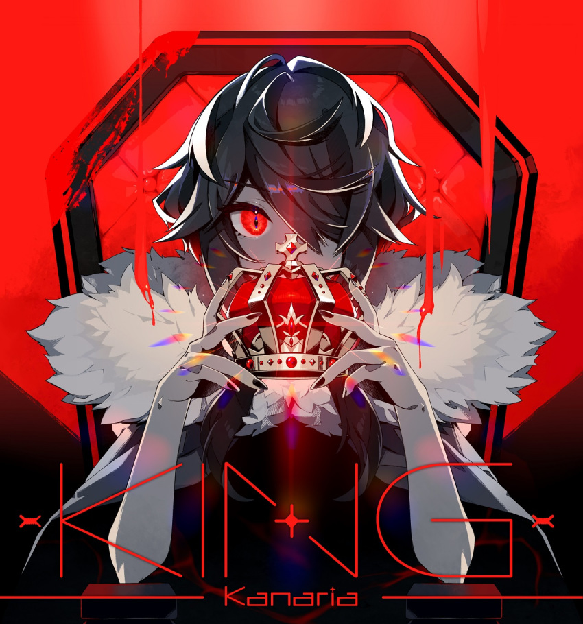 bangs cape character_request commentary_request covered_mouth crown eyebrows_visible_through_hair fur-trimmed_cape fur_trim hair_over_one_eye hands_up highres holding limited_palette looking_at_viewer nou red_eyes upper_body vocaloid