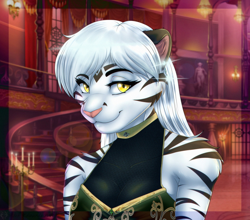 anthro black_body black_fur breasts clothed clothing detailed_background felid female fur hair mammal multicolored_body multicolored_fur pantherine raynadkins smile solo tiger two_tone_body two_tone_fur white_body white_fur white_hair yellow_eyes