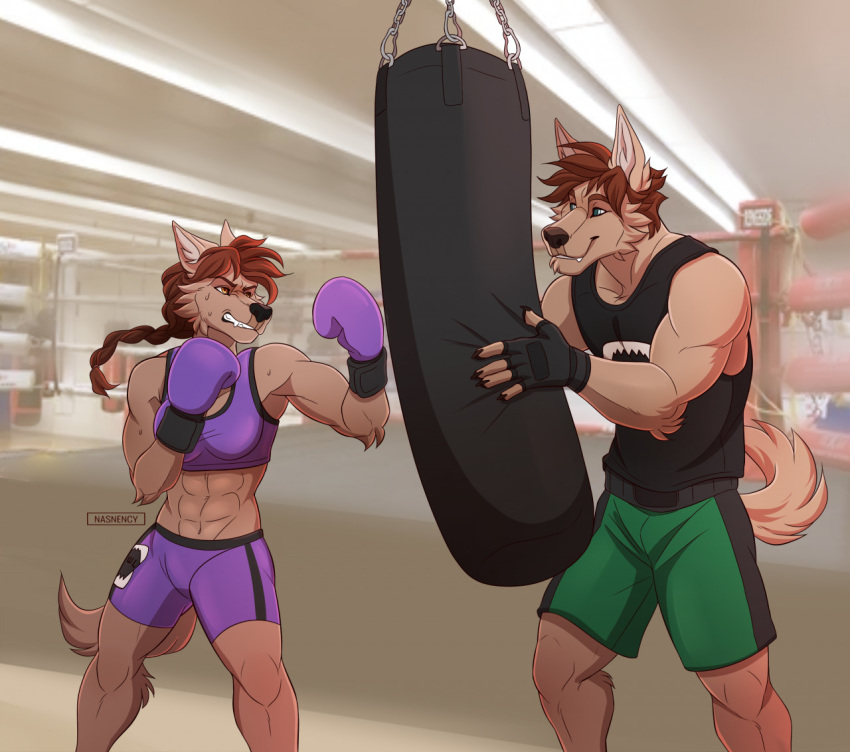 2020 5_fingers abs anthro arm_tuft athletic athletic_anthro athletic_female athletic_male black_clothing black_nose black_tank_top black_topwear bodily_fluids bottomwear boxing boxing_gloves bra braided_hair breasts brother brother_and_sister brown_body brown_fur brown_hair brown_nose canid canine canis claws clothed clothing duo elbow_tufts female fighting_ring fingerless_gloves fingers fur gloves green_bottomwear green_clothing green_shorts gym hair handwear holding_object holding_punching_bag looking_at_another male mammal nasnency navel nils_rinkan punching_bag purple_bottomwear purple_bra purple_clothing purple_shorts shirt shorts sibling sister sport sports_bra sports_shorts sportswear sweat tani_rinkan tank_top topwear training tuft underwear wolf