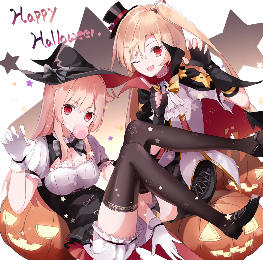2girls a.a_(aa772) ascot azur_lane bangs black_cape black_footwear black_gloves black_headwear black_legwear black_shorts bloomers bow breasts brown_hair cape claw_pose cleveland_(azur_lane) cleveland_(devil_fever)_(azur_lane) columbia_(azur_lane) commentary_request eyebrows_visible_through_hair fingerless_gloves gloves hair_between_eyes halloween halloween_costume hand_up happy_halloween hat index_finger_raised jack-o'-lantern light_brown_hair long_hair medium_breasts mini_hat mini_top_hat multiple_girls one_side_up pointy_ears puffy_short_sleeves puffy_sleeves red_cape red_eyes shirt shoes short_shorts short_sleeves shorts starry_background thighhighs tilted_headwear top_hat torn_cape torn_clothes underwear very_long_hair white_background white_bloomers white_gloves white_neckwear white_shirt witch_hat yellow_bow