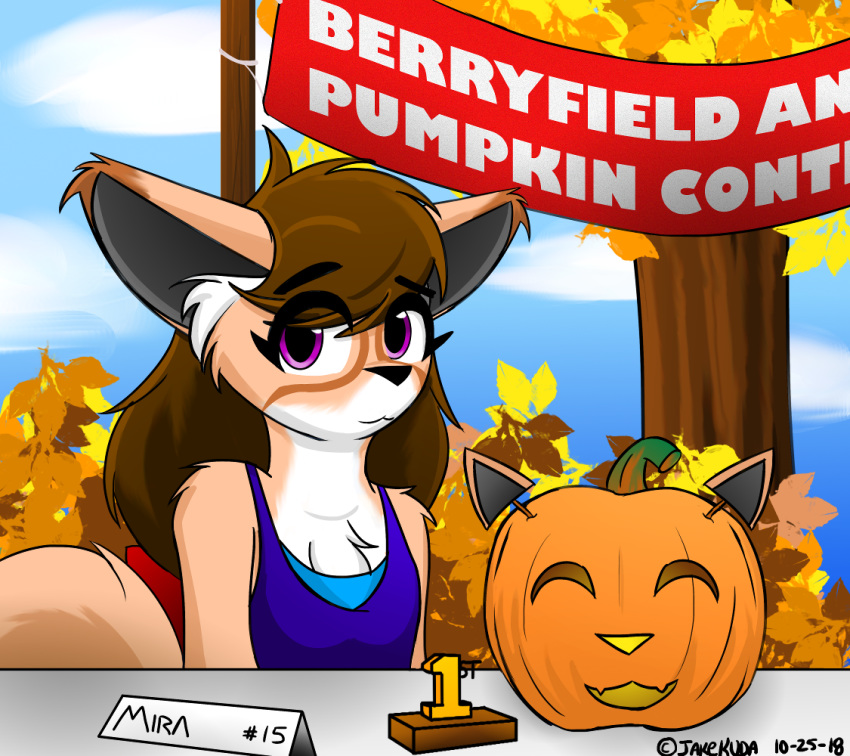 anthro autumn award canid canine female fennec fox jack-o'-lantern jknewlife mammal solo tree trophy