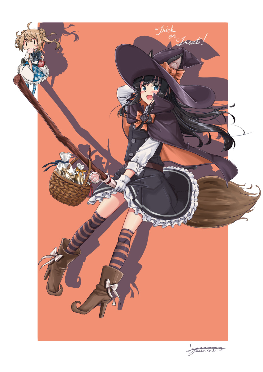 2girls absurdres animal_ears asashio_(kantai_collection) basket black_cape black_hair blue_eyes boots border broom broom_riding brown_footwear cape cat_ears cat_tail commentary_request double_bun dress frilled_dress frills full_body halloween happy_halloween hat highres kantai_collection light_brown_hair long_hair long_sleeves michishio_(kantai_collection) minigirl multiple_girls official_alternate_costume orange_background pinafore_dress remodel_(kantai_collection) sagoromo_04 shirt short_twintails striped striped_legwear tail thighhighs twintails two-tone_background white_border white_dress white_shirt witch_hat |_|