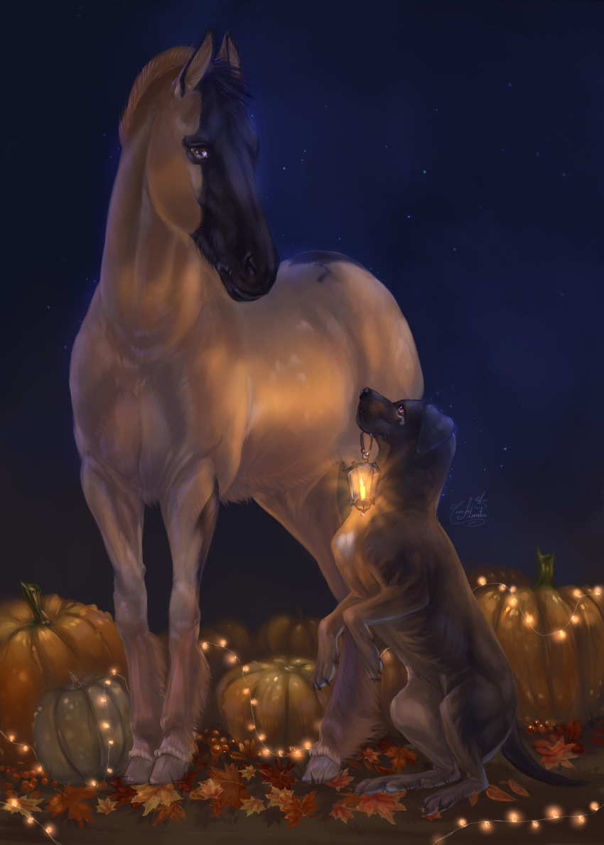 absurd_res almatea ambiguous_gender autumn canid canine canis domestic_dog duo equid equine female feral food friend fruit halloween hi_res holidays horse lantern light male male/female mammal plant pumpkin