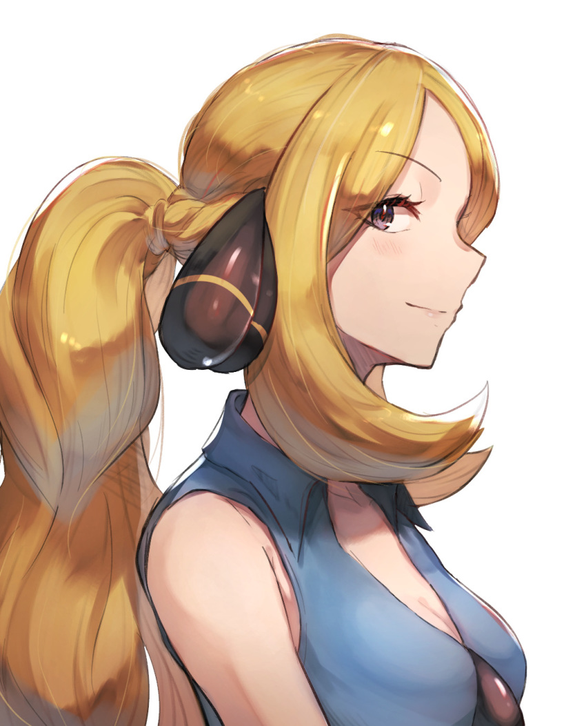 1girl blonde_hair blue_shirt breasts cleavage closed_mouth commentary_request cynthia_(pokemon) eyelashes eyes_visible_through_hair from_side grey_eyes hair_ornament highres light_blush long_hair looking_at_viewer odd_(hin_yari) pokemon pokemon_(anime) pokemon_bw_(anime) shiny shiny_hair shirt sleeveless sleeveless_shirt smile solo tied_hair upper_body white_background