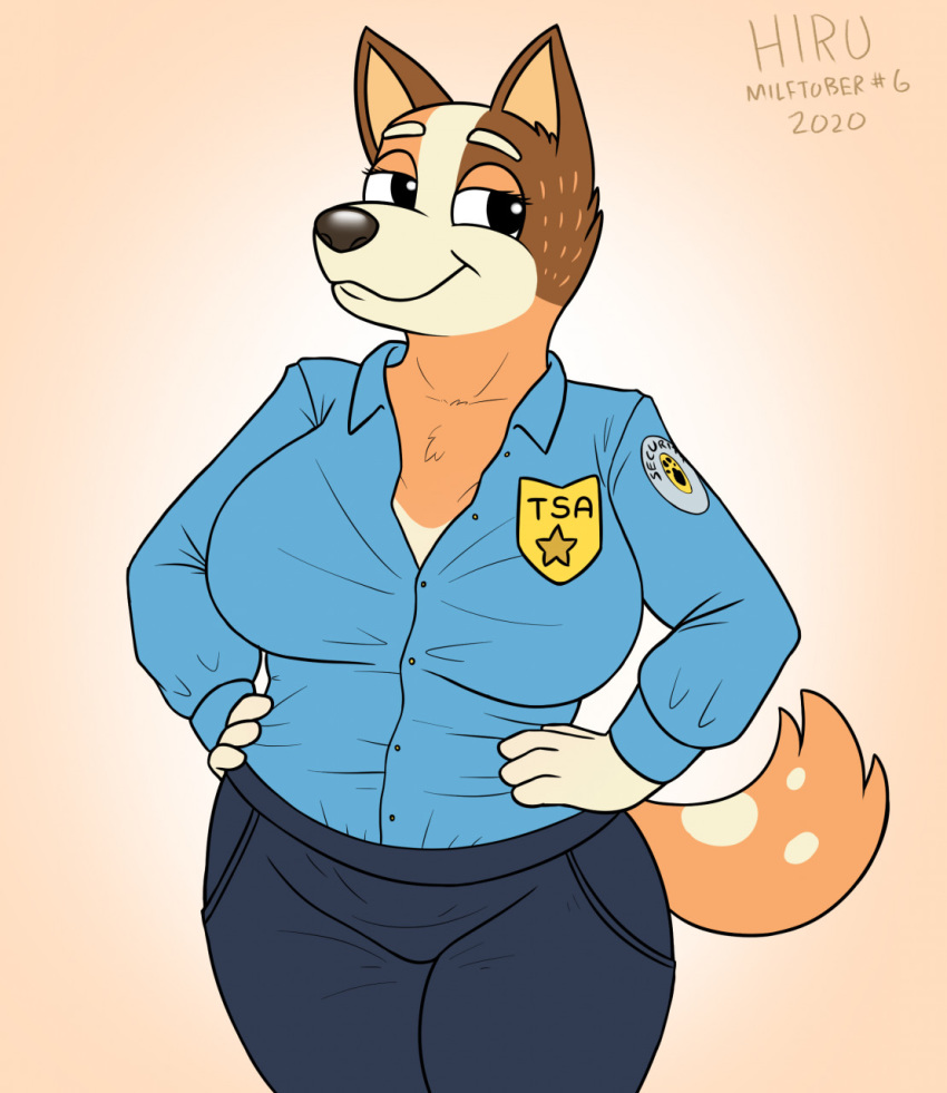 2020 anthro australian_cattle_dog bluey_(show) breasts brown_body brown_fur canid canine canis cattledog chilli_(bluey) clohted clothing domestic_dog female fur half-closed_eyes herding_dog hi_res hirurux mammal mature_female multicolored_body multicolored_fur narrowed_eyes pastoral_dog solo