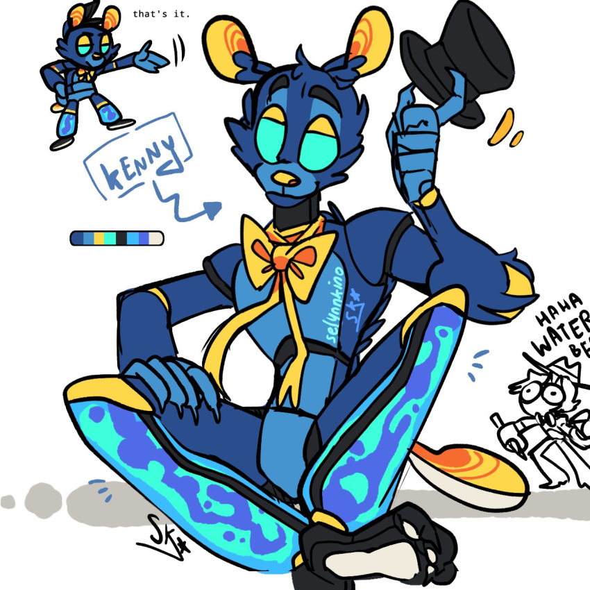 2020 animatronic anthro biped blue_body blue_eyes blue_fur blue_hands bow character_name claws clothing color_swatch dialogue digital_drawing_(artwork) digital_media_(artwork) duo english_text fan_character five_nights_at_freddy's fur hat headgear headwear hi_res holding_hat holding_object kinoselynn looking_at_viewer machine male mammal robot signature simple_background sitting smile solo_focus text top_hat ursid ursine video_games water white_background white_tail yellow_body yellow_bow yellow_fur yellow_nose yellow_tail