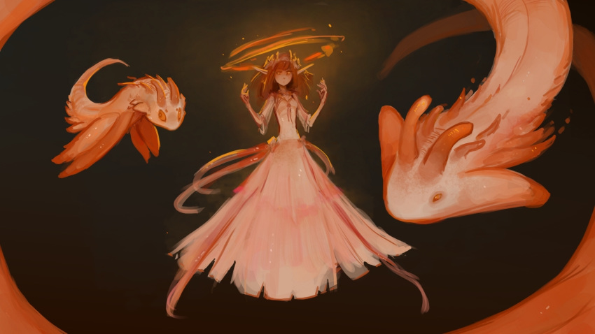 16:9 antennae_(anatomy) breasts brown_hair clothed clothing crown dress elf female feral floating flying group hair halo hi_res humanoid humanoid_pointy_ears intersex looking_at_viewer maleherm orange_eyes pink_body small_breasts syvaron widescreen wings