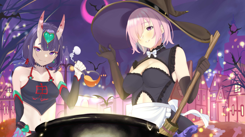 absurdres apron bare_shoulders bat breasts broom cleavage cleavage_cutout clothing_cutout eyeliner fate/grand_order fate_(series) hair_ornament halloween hat highres horns large_breasts looking_at_viewer maid maid_apron maid_dress makeup mash_kyrielight moon navel oni oni_horns pink_hair purple_hair quatthro short_hair shuten_douji_(fate/grand_order) shuten_douji_(halloween_caster)_(fate) small_breasts smile town witch witch_hat