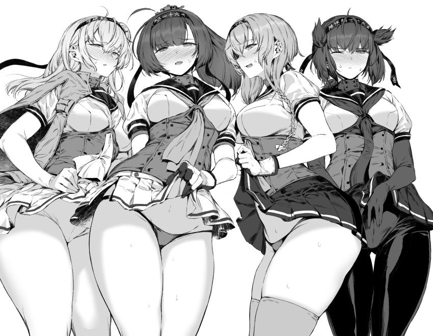 4girls ahoge akizuki_(kantai_collection) bacius bangs blush bodysuit braid breasts eyebrows_visible_through_hair gloves greyscale hair_ornament hairband hatsuzuki_(kantai_collection) headband highres kantai_collection large_breasts lifted_by_self long_hair looking_at_viewer medium_breasts monochrome multiple_girls neckerchief nose_blush one_eye_closed open_mouth panties pantyhose pleated_skirt ponytail sailor_collar school_uniform serafuku short_hair short_sleeves simple_background skindentation skirt skirt_lift striped striped_panties suzutsuki_(kantai_collection) sweatdrop teruzuki_(kantai_collection) thighhighs thighs twin_braids underwear white_background