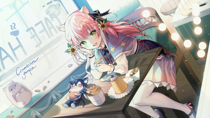 1girl alpha_(ypalpha79) animal_ears cafe coffee flower food green_eyes hair_flower hair_ornament hamster hamster_ears huechi long_hair pale_skin pink_hair smile sunflower_hair_ornament sweets virtual_youtuber