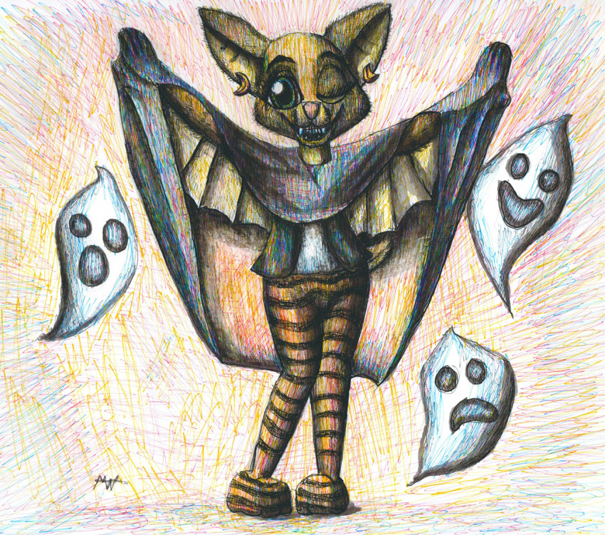 anthro bat_wings ber big_ears blue_eyes bottomwear cape chiropteran clothing ear_piercing ear_ring fangs female ghost halloween halloween_2020 halloween_costume holidays leggings legwear lucille mammal membrane_(anatomy) membranous_wings modestwold one_eye_closed pattern_bottomwear pattern_clothing pattern_legwear piercing pink_nose raised_arm short_tail smile solo spirit striped_bottomwear striped_clothing striped_legwear stripes tights traditional_media_(artwork) vampire vampire_costume winged_arms wings wink