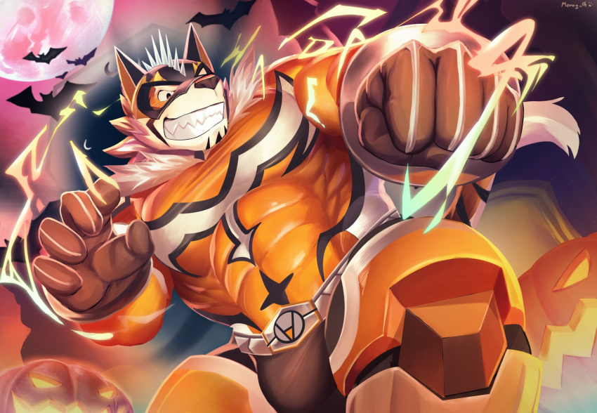 abs anthro biceps clothing electricity felid food fruit gloves handwear hi_res live-a-hero male mammal mask mono_g moon muscular muscular_anthro muscular_male night pantherine pecs plant pumpkin raiki solo suit superhero teeth tiger tight_clothing