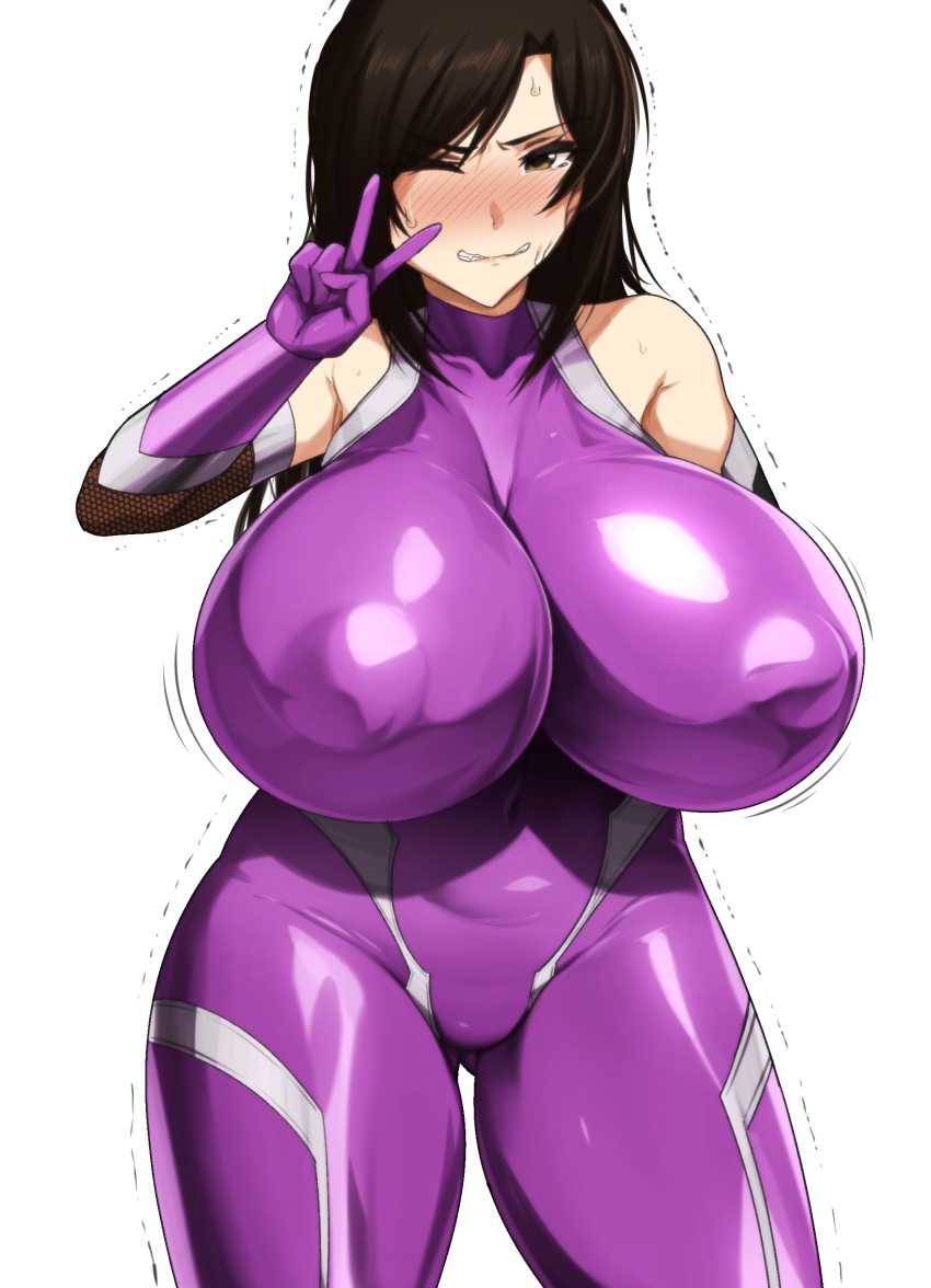 1girl absurdres ass_visible_through_thighs bare_shoulders blush bodysuit breasts brown_eyes brown_hair cosplay covered_collarbone covered_navel covered_nipples cowboy_shot fang gloves highres huge_breasts idolmaster idolmaster_cinderella_girls igawa_asagi igawa_asagi_(cosplay) kumako_(kumakonoh) legs_apart long_hair motion_lines mukai_takumi nose_blush one_eye_closed purple_bodysuit purple_gloves simple_background solo sweat taimanin_(series) taimanin_asagi taimanin_suit teeth trembling v v-shaped_eyebrows white_background