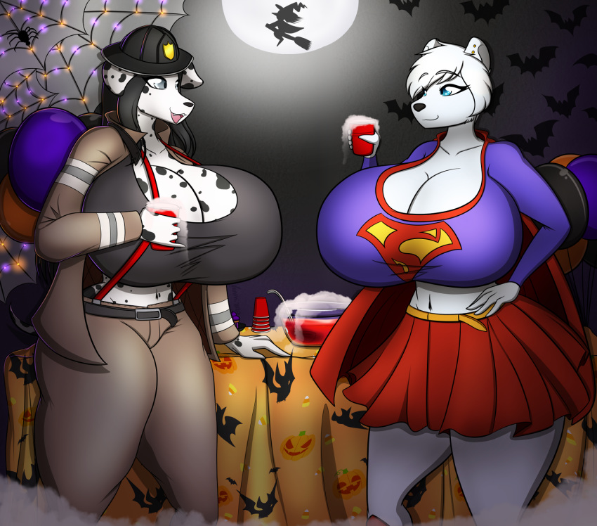 alexis_bishop_(lildredre) anthro balloon beverage big_breasts black_nose blue_eyes bottomwear breasts bridget_malcolm_(lildredre) canid canine canis cleavage clothed clothing cosplay costume curvy_figure dalmatian digital_media_(artwork) domestic_dog drinks duo ear_piercing female firefighter firefighter_uniform fur furniture hair halloween halloween_costume hat headgear headwear hi_res holidays huge_breasts legwear long_hair mammal midsection navel open_mouth pants piercing polar_bear shirt skirt smile spots spotted_body spotted_fur standing supergirl suspenders table topwear uniform ursid ursine voluptuous white_body white_fur xwingedvixenx