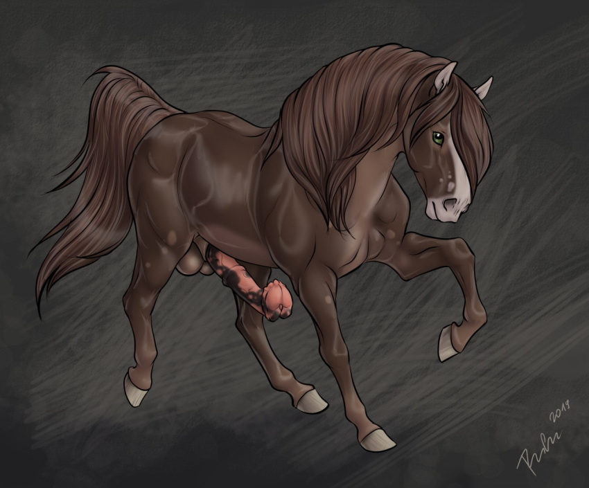 anatomically_correct anatomically_correct_genitalia anatomically_correct_penis animal_genitalia animal_penis balls brown_body equid equine equine_penis feral flared_penis genitals green_eyes horse male mammal penis rufciu simple_background solo