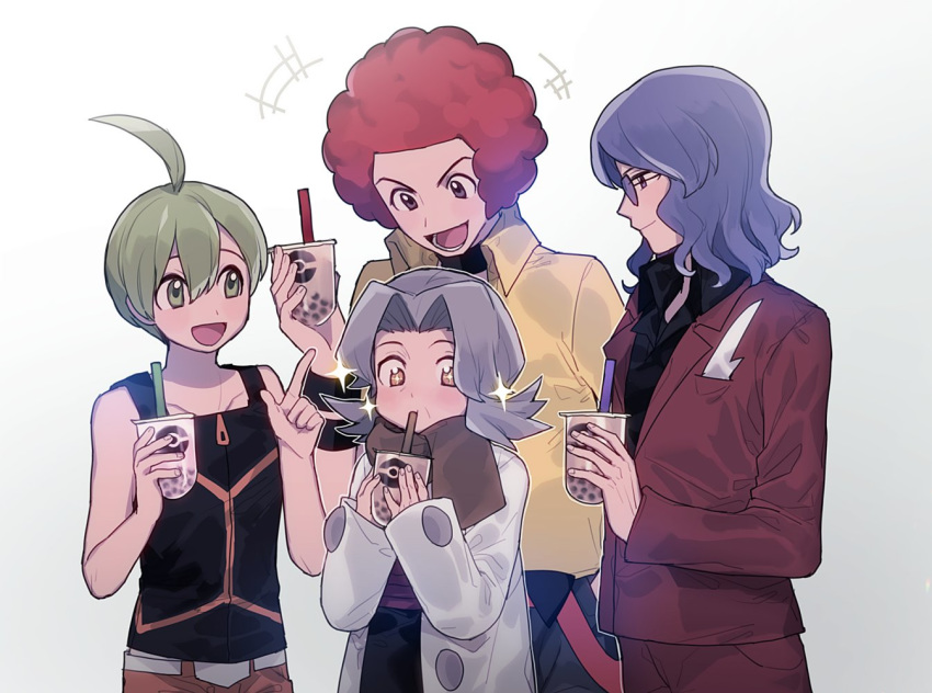 1girl 3boys aaron_(pokemon) afro ahoge bertha_(pokemon) black_shirt brown_scarf closed_mouth coat collared_shirt cup disposable_cup drinking drinking_straw elite_four flint_(pokemon) glasses green_eyes green_hair grey_hair holding holding_cup jacket long_sleeves lucian_(pokemon) multiple_boys orange_eyes oshi_taberu pants pokemon pokemon_(game) pokemon_dppt red_hair red_jacket red_pants scarf shirt short_hair smile sparkle tank_top white_coat yellow_shirt