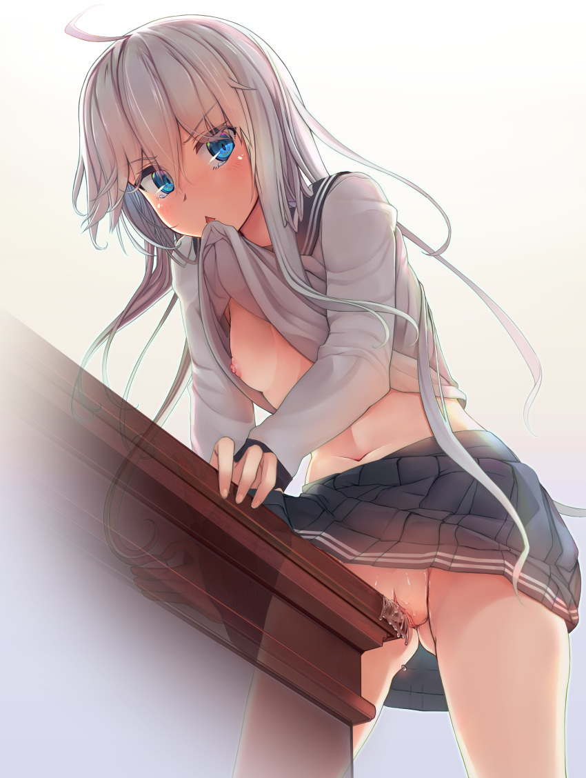 1girl absurdres black_skirt blue_eyes breasts eyebrows_visible_through_hair hair_between_eyes hibiki_(kantai_collection) highres kantai_collection lifted_by_self long_hair looking_at_viewer masturbation mouth_hold navel nipples pussy pussy_juice ruuto25 shirt shirt_lift skirt small_breasts solo table table_sex thighs white_hair white_shirt
