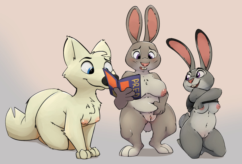 anthro arctic_fox bonnie_hopps breasts canid canine clitoris digital_media_(artwork) disney female fox fur genitals group honeymono judy_hopps lagomorph leporid mammal nipples nude pussy rabbit simple_background skye_(zootopia) slightly_chubby smile tuft zootopia