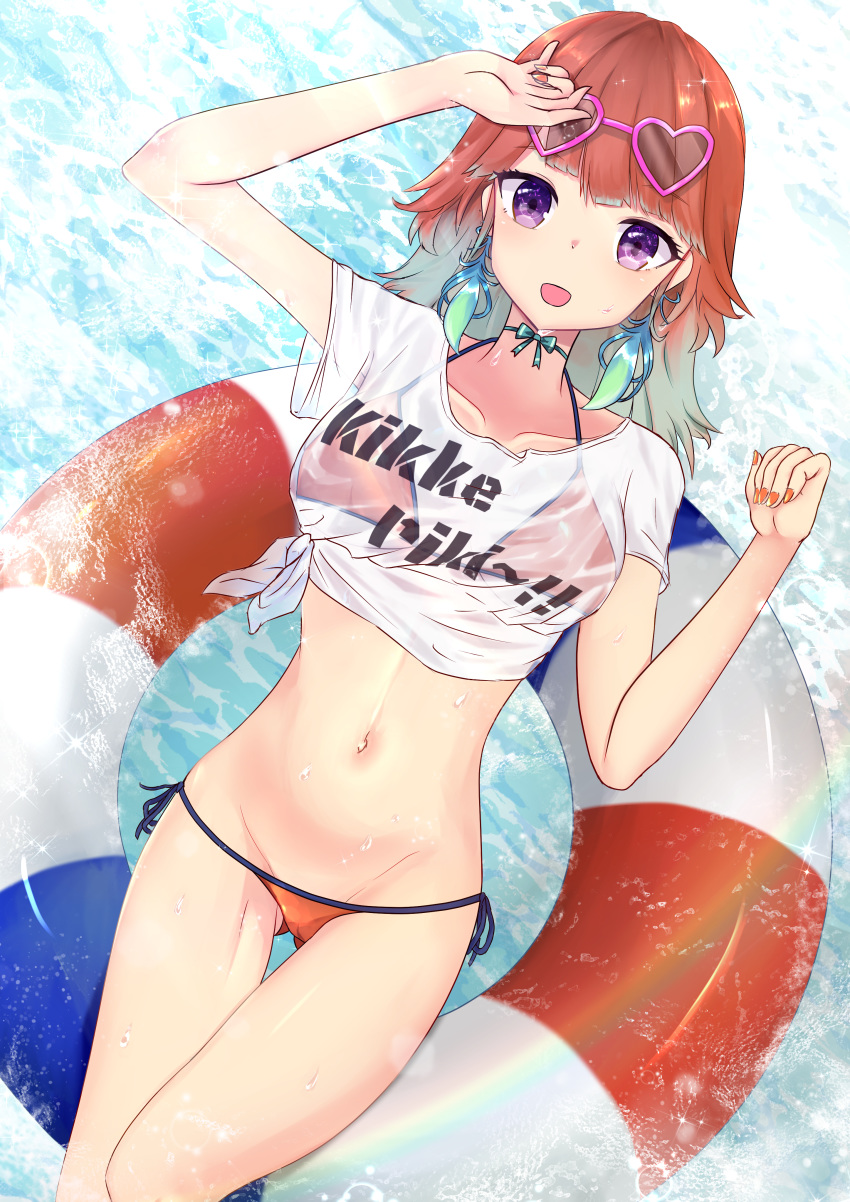 1girl absurdres bikini collarbone gradient_hair highres hololive hololive_english innertube long_hair looking_at_viewer multicolored_hair navel open_mouth orange_hair pink_hair purple_eyes see-through shirt side-tie_bikini smile solo sunglasses swimsuit takanashi_kiara virtual_youtuber water wet wet_clothes wet_shirt white_shirt xico