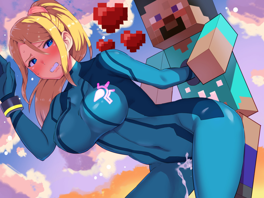 1boy 1girl arm_grab bent_over black_hair blonde_hair blue_bodysuit blue_eyes blush bodysuit boris_(noborhys) breasts clenched_teeth clothed_sex cloud collarbone commentary_request covered_navel cum day doggystyle heart hetero highres impossible_bodysuit impossible_clothes large_breasts long_hair looking_at_viewer metroid minecraft mole mole_under_mouth nose_blush open_mouth outdoors overflow ponytail revision samus_aran sex sex_from_behind skin_tight steve_(minecraft) super_smash_bros. teeth zero_suit