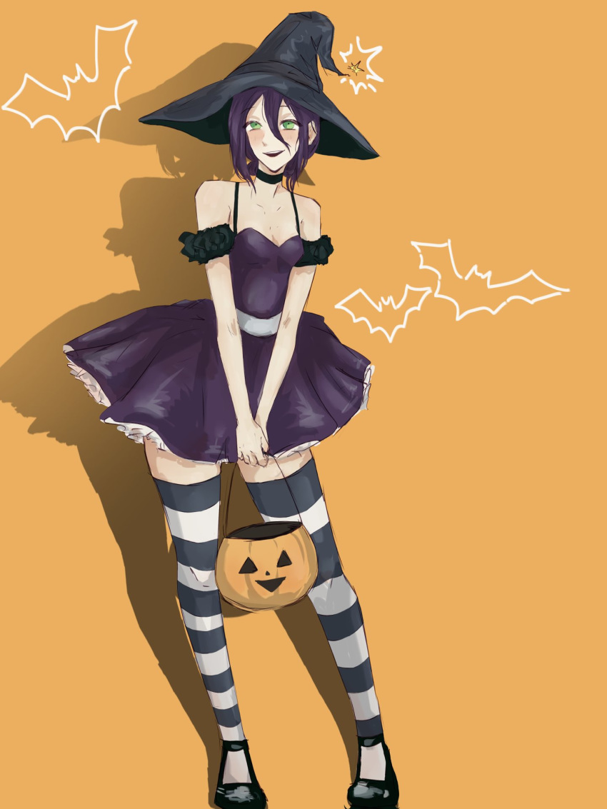 1girl alternate_costume bare_shoulders bat black_choker black_hair blush breasts chainsaw_man choker cleavage collarbone dress green_eyes hair_between_eyes halloween halloween_basket halloween_costume happy_halloween hat highres looking_at_viewer medium_breasts medium_hair orange_background pumpkin reze_(chainsaw_man) sleeveless sleeveless_dress solo some_witty_user thighhighs witch witch_costume witch_hat