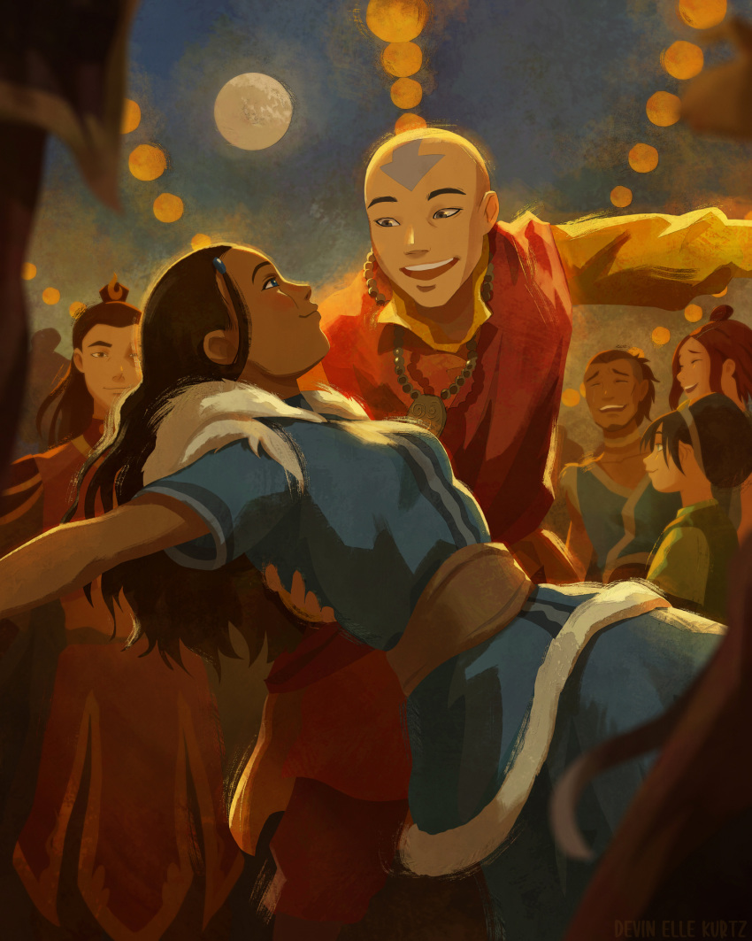 3boys 3girls aang avatar_(series) bald blush brown_hair burn_scar couple crowd dancing dark_skin devin_elle_kurtz highres husband_and_wife katara laughing multiple_boys multiple_girls older scar smile sokka suki tattoo toph_bei_fong zuko