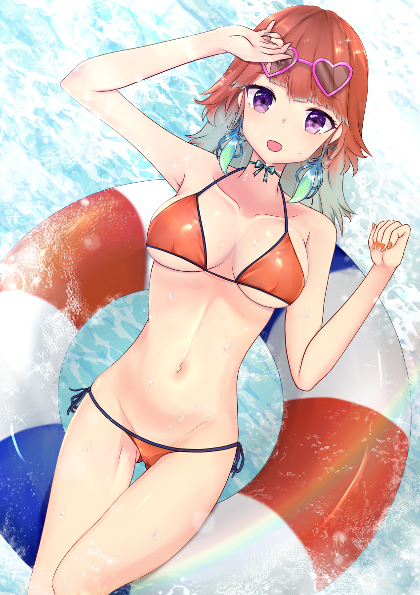 1girl absurdres bikini collarbone gradient_hair highres hololive hololive_english innertube long_hair looking_at_viewer multicolored_hair navel open_mouth orange_hair pink_hair purple_eyes shirt side-tie_bikini smile solo sunglasses swimsuit takanashi_kiara virtual_youtuber water white_shirt xico