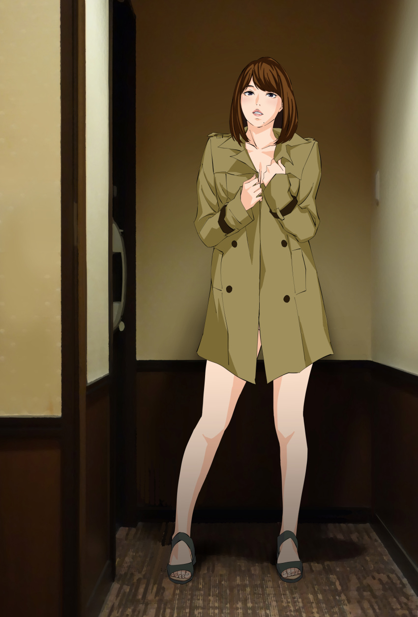 1girl amano_ameno bangs brown_eyes brown_hair coat full_body highres looking_at_viewer open_toe_shoes original parted_lips solo