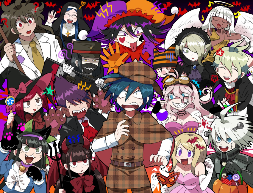 6+boys 6+girls ? ahoge akamatsu_kaede amami_rantarou angel_wings bangs basket bat blush breasts candy chabashira_tenko closed_eyes club_(shape) danganronpa demon_horns demon_wings detective dress everyone facial_mark food furukawa_(yomawari) ghost glasses gloves goggles goggles_on_head gokuhara_gonta habit hair_between_eyes halloween halloween_costume halo hands_together harukawa_maki hat heart highres horns hoshi_ryouma iruma_miu jester_cap keebo labcoat long_hair long_sleeves maid_headdress mask momota_kaito multiple_boys multiple_girls musical_note new_danganronpa_v3 open_mouth ouma_kokichi paw_gloves paw_pose paws pitchfork saihara_shuuichi scythe sharp_teeth shinguuji_korekiyo shirogane_tsumugi sweat teeth toujou_kirumi wings witch_hat yonaga_angie yumeno_himiko